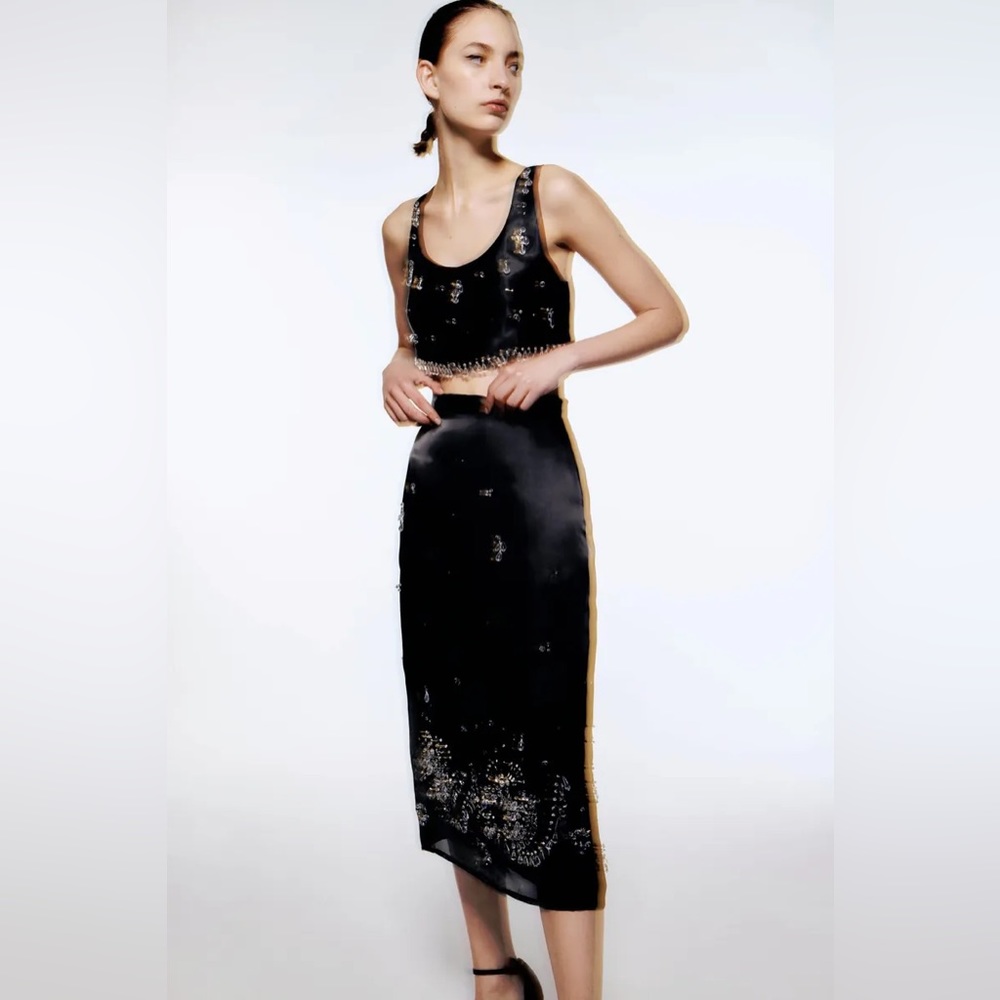 Zara jewel trim satin effect skirt+ top